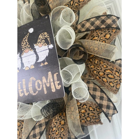 Leopard Welcome Gnome Deco Mesh Ribbon Wreath Front Door Hanger - Picture 5 of 7
